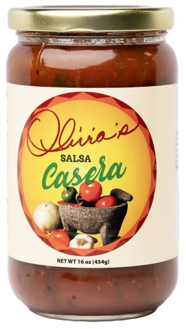 Olivia&#39;s Salsa Casera - Medium Hot Spicy Salsa Dip for Tortillas, Tacos, Nachos, Chips, Snacks, Salads - No Gluten, Made of Fresh Tomatoes &amp; Serano Peppers- 16 Oz