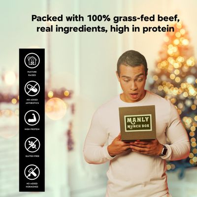 Manly Munch Box Jerky Gift Box, Curated Assortment of High Protein Snacks, Beef &amp; Turkey Jerky Variety Pack Gift Set, Exotic Meat Gift for Men &amp; Women