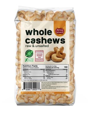 Spicy World Raw Cashews Whole 14 Ounce Bag - Unsalted, Natural &amp; Pure, No Chemicals