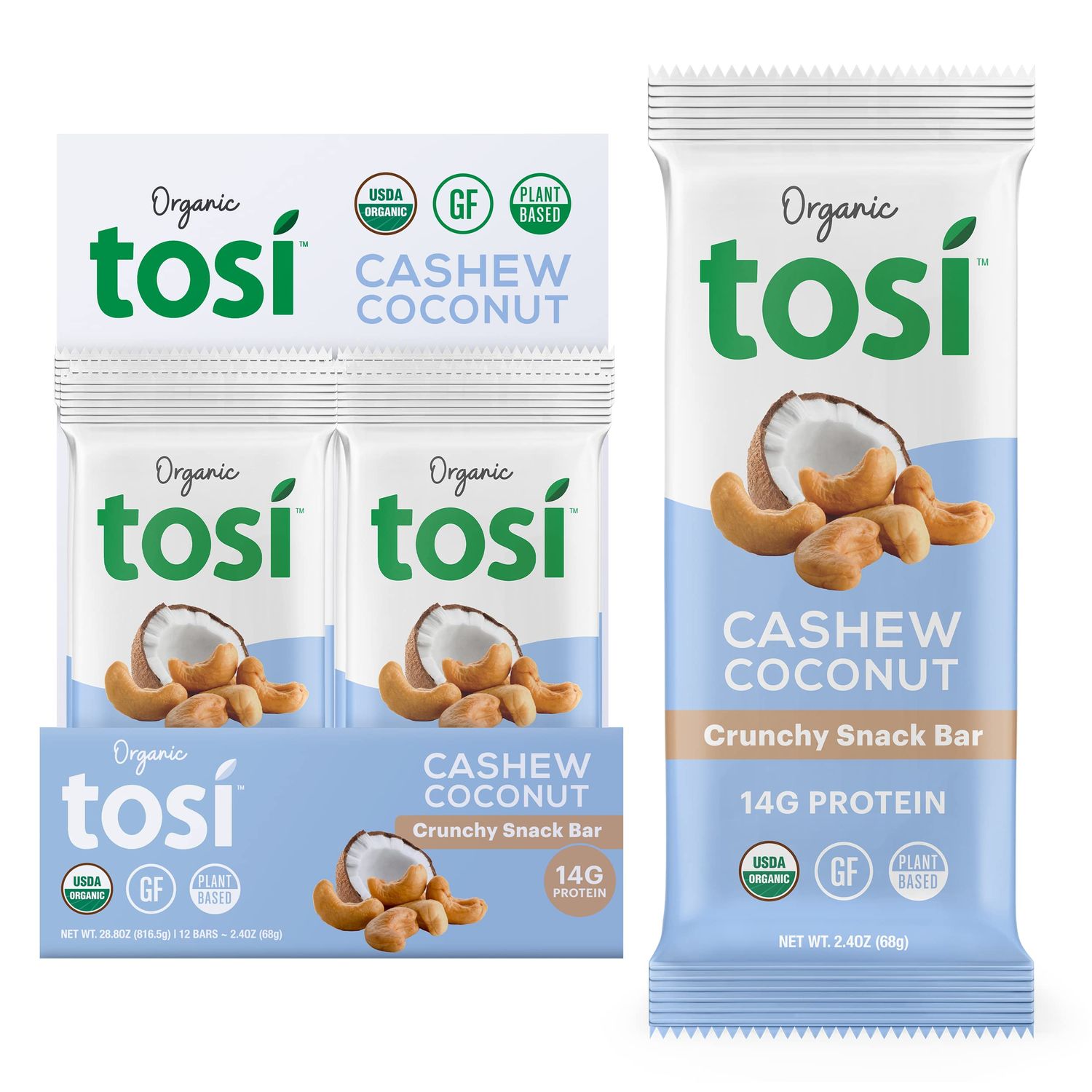 Tosi Cashew Coconut Protein Bars, Plant Based with Nuts, Gluten-Free Crunchy Snacks, Vegan, Organic, Flax &amp; Chia Seeds, Soy-Free, Omega 3s, 14G Protein, 2.4 oz, 12-Pack