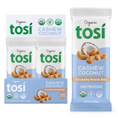 Tosi Cashew Coconut Protein Bars, Plant Based with Nuts, Gluten-Free Crunchy Snacks, Vegan, Organic, Flax &amp; Chia Seeds, Soy-Free, Omega 3s, 14G Protein, 2.4 oz, 12-Pack