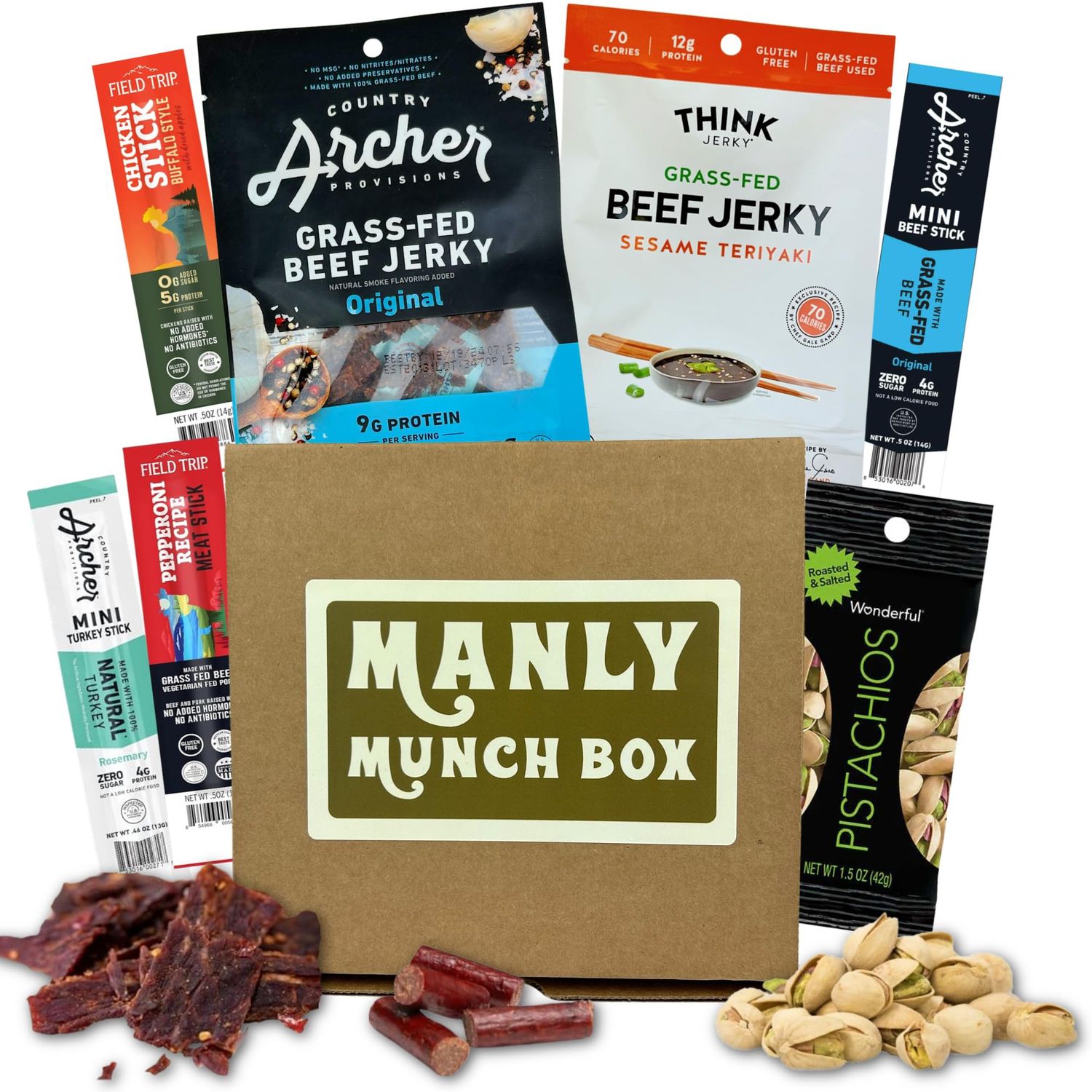Manly Munch Box Jerky Gift Box, Curated Assortment of High Protein Snacks, Beef &amp; Turkey Jerky Variety Pack Gift Set, Exotic Meat Gift for Men &amp; Women