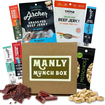 Manly Munch Box Jerky Gift Box, Curated Assortment of High Protein Snacks, Beef &amp; Turkey Jerky Variety Pack Gift Set, Exotic Meat Gift for Men &amp; Women