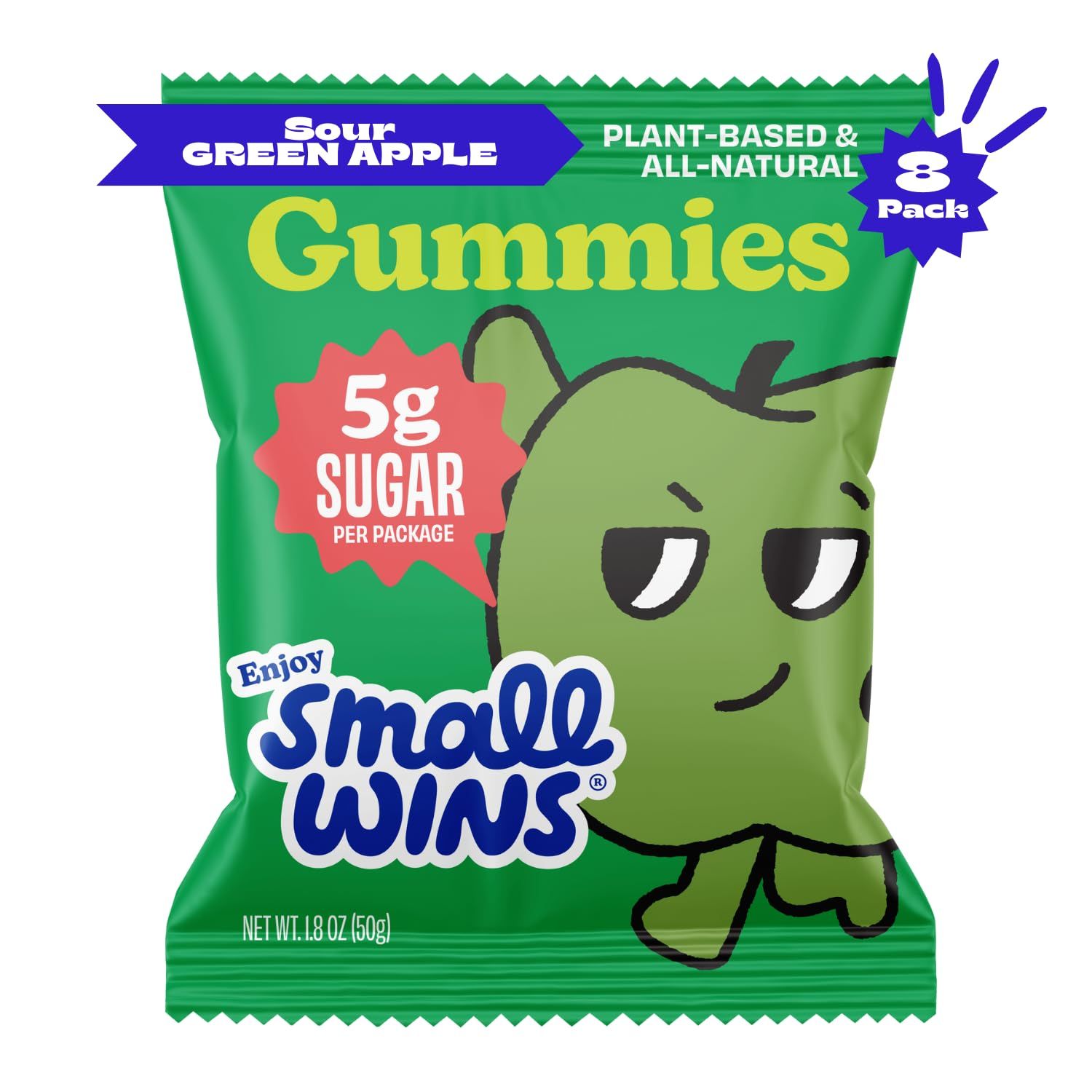 Enjoy Small Wins Candy by Jayson Tatum, Healthy Gummy Candy with Low Sugar, Low Calorie Snacks, Organic Plant-Based Ingredients, Sour Green Apple Flavor, 1.8 OZ, Pack of 8