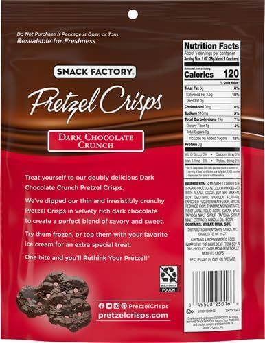 Snack Factory Dark Chocolate Covered Pretzels Crisps, 5.5 Ounce, 2-Pack, Includes GreenZep Sticker