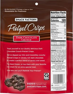 Snack Factory Dark Chocolate Covered Pretzels Crisps, 5.5 Ounce, 2-Pack, Includes GreenZep Sticker