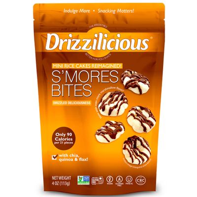 Drizzilicious Mini Rice Cakes S&#39;mores - Rice Crisps, Healthy Snack for Adults and Kids, Flavored Rice Cakes, Vegan, Gluten Free, Allergen Free, Only 90 Calories Per Serving - 4 oz (Pack of 6)