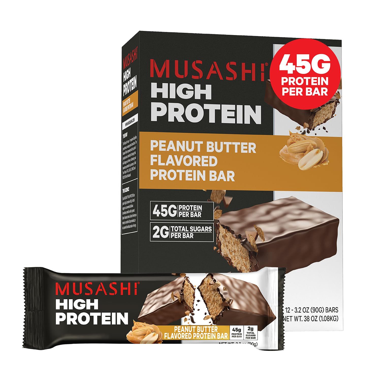MUSASHI High Protein Bar, 45g Protein, 2g Total Sugars, Peanut Butter &amp; Milk Chocolate Coated, Post Workout and Protein Snack On The Go, 12 Pack of 3.2oz (90g) Bars