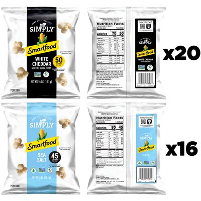 Smartfood Simply Variety Pack, White Cheddar and Sea Salt 0.5oz (36 Count)