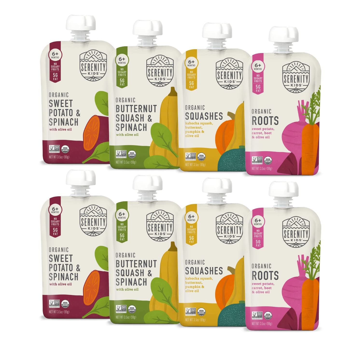 Serenity Kids 6 Months Certified Organic Baby Food Pouches Veggie Puree - No Sugary FruitsAdded Sugar - Allergen Free - 3.5 Ounce BPA-Free Bag - Variety Pack - Baby Food Veggies Puree - 8 Count