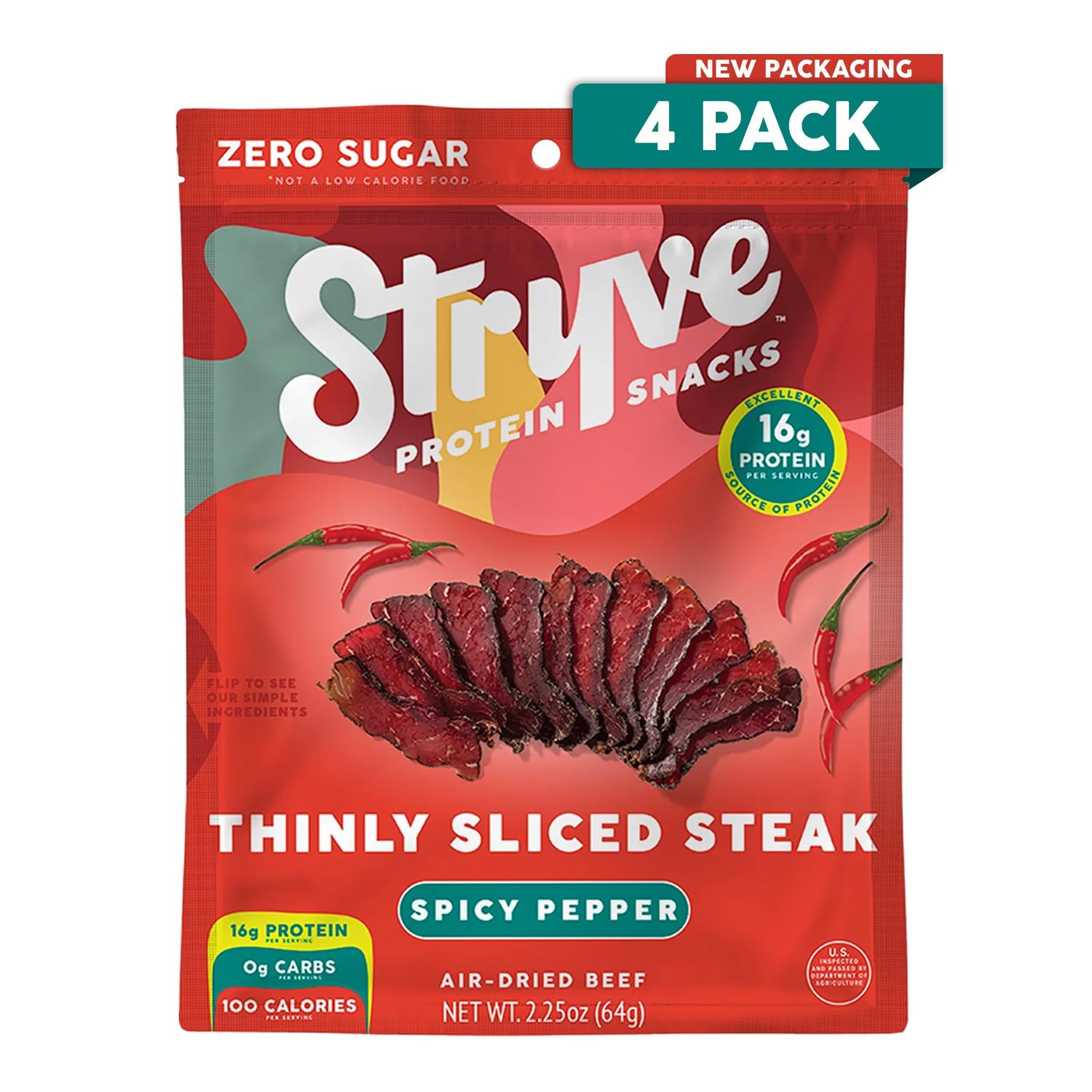 Stryve - Better Than Jerky Steak Snacks Protein Rich, Beef Biltong | 36g Protein, Sugar Free, Carbs Free, Gluten Free, Dairy Free, Keto &amp; Paleo Friendly | Spicy Pepper, Pack Of 4