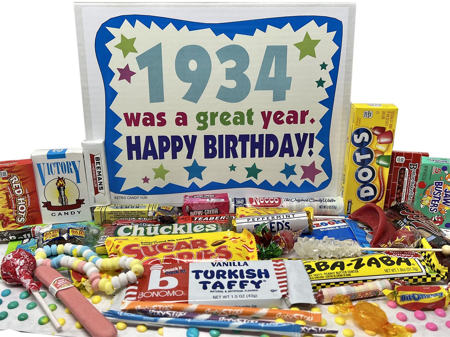 RETRO CANDY YUM  1934 91st Birthday Gift Box of Nostalgic Retro Candy Mix from Childhood for 91 Year Old Man or Woman Born 1934