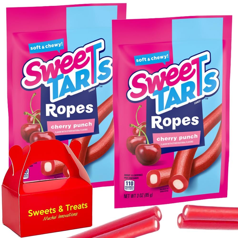 Sweet Tarts Candy | Sweet Soft &amp; Tangy Chewy Cherry Ropes wTantalizing Punch Flavored Center | Party Favor School Snack Holiday Treat Birthday Gift | 2 Bags (8 Ropes 3 oz Each Bag) Plus Muchai Card