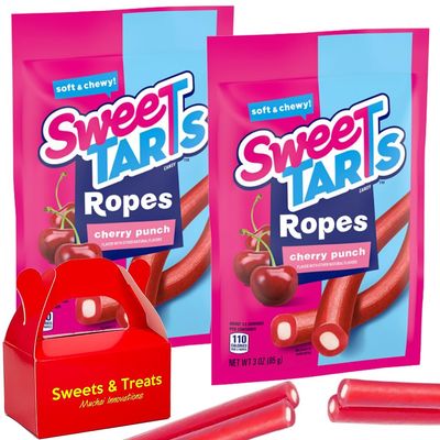 Sweet Tarts Candy | Sweet Soft &amp; Tangy Chewy Cherry Ropes wTantalizing Punch Flavored Center | Party Favor School Snack Holiday Treat Birthday Gift | 2 Bags (8 Ropes 3 oz Each Bag) Plus Muchai Card