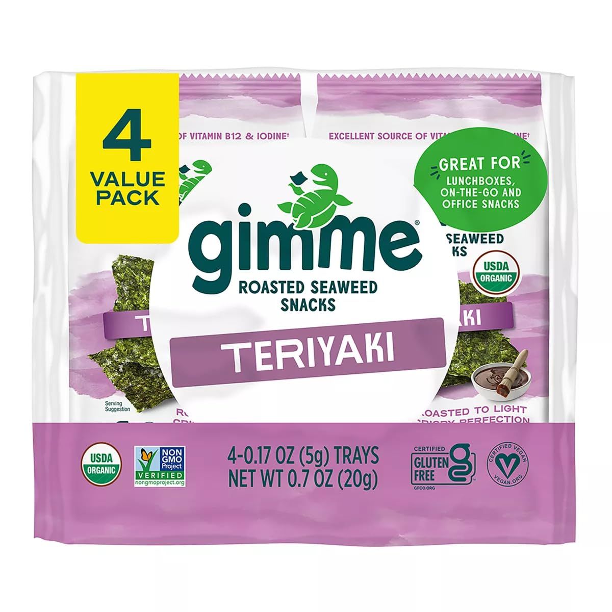 Gimme Seaweed - Teriyaki - 4 Count - Organic Roasted Seaweed SheetsKeto, Vegan, Gluten Free - Great Source of Iodine &amp; Omega 3s - Healthy On-The-Go Snack for Kids Adults