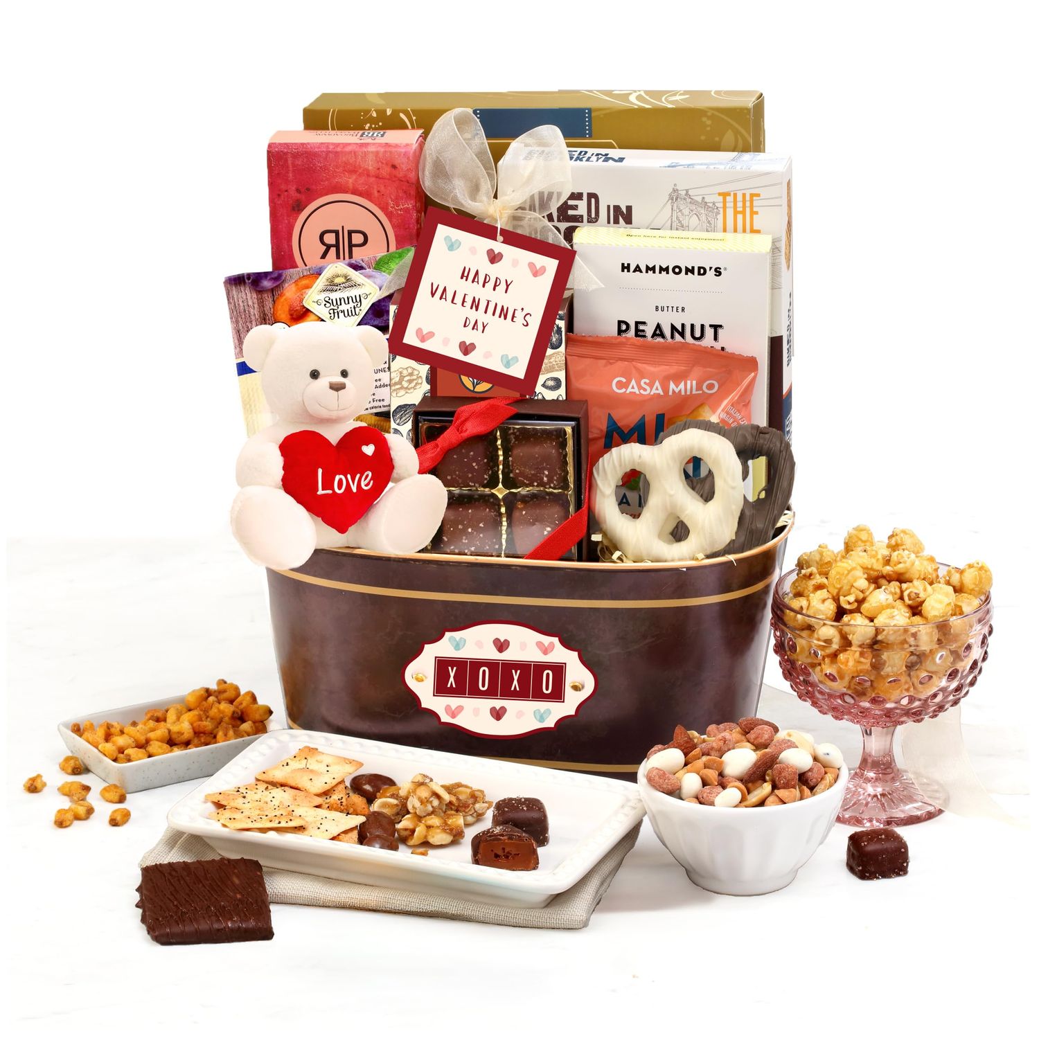 Broadway Basketeers Valentines Day Chocolate Gift Basket for Her, Him, Women, Men And Kids With Cookies, Snacks And Red Heart Plush Teddy Bear