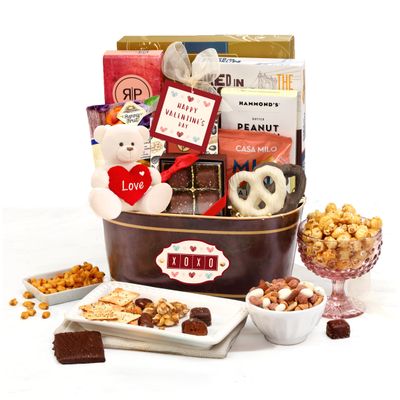 Broadway Basketeers Valentines Day Chocolate Gift Basket for Her, Him, Women, Men And Kids With Cookies, Snacks And Red Heart Plush Teddy Bear