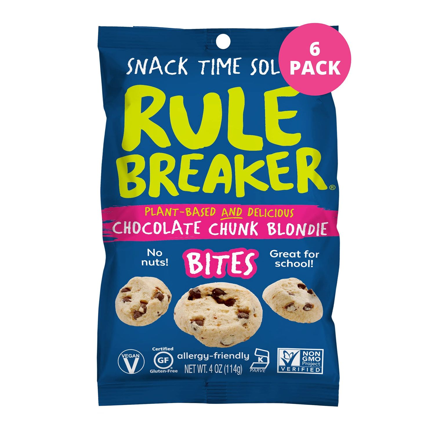 Rule Breaker Snacks Chocolate Chip Blondie Bites | Vegan, Gluten-Free,Top 11 Allergen Free | Great For School, Office, Pantry | Pack of 6 4-oz Bags