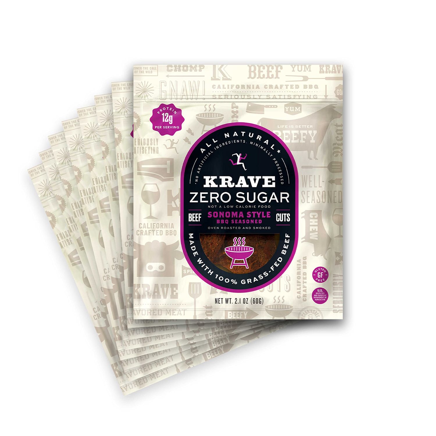 KRAVE Zero Sugar Beef Jerky, Sonoma Style BBQ - All Natural 100% Grass Fed Beef - Protein Packed Keto Snacks Roasted for Maximum Flavor - Gluten Free - 2.1 Ounce (Pack of 8)
