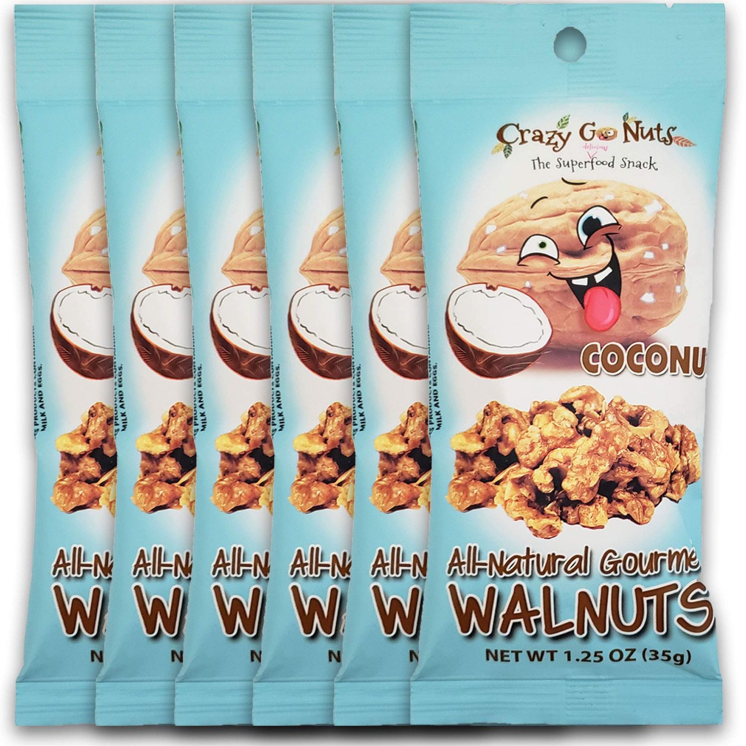 Crazy Go Nuts Walnuts Coconut - Glazed Walnuts, Healthy Snacks, Vegan, Gluten Free, Superfood - Natural, Non-GMO, ALA, Omega 3 Fatty Acids, Good Fats, and Antioxidants - 1.25 Oz, 6-Pack