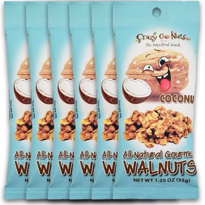 Crazy Go Nuts Walnuts Coconut - Glazed Walnuts, Healthy Snacks, Vegan, Gluten Free, Superfood - Natural, Non-GMO, ALA, Omega 3 Fatty Acids, Good Fats, and Antioxidants - 1.25 Oz, 6-Pack