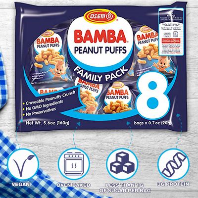 Osem Bamba Peanut Snacks for the Family - All Natural Peanut Puffs (Pack of 8) 0.7oz bags - Only 4 Ingredients - Peanut Butter Puffs made with 50% peanuts.