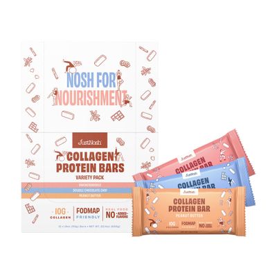 JustNosh Collagen Protein Bars, 10g Collagen, 15g Protein, Gluten Free, Dairy Free, FODMAP Friendly, Seed Oil Free Certified, Clean Ingredients | Variety Pack (12 Pack)