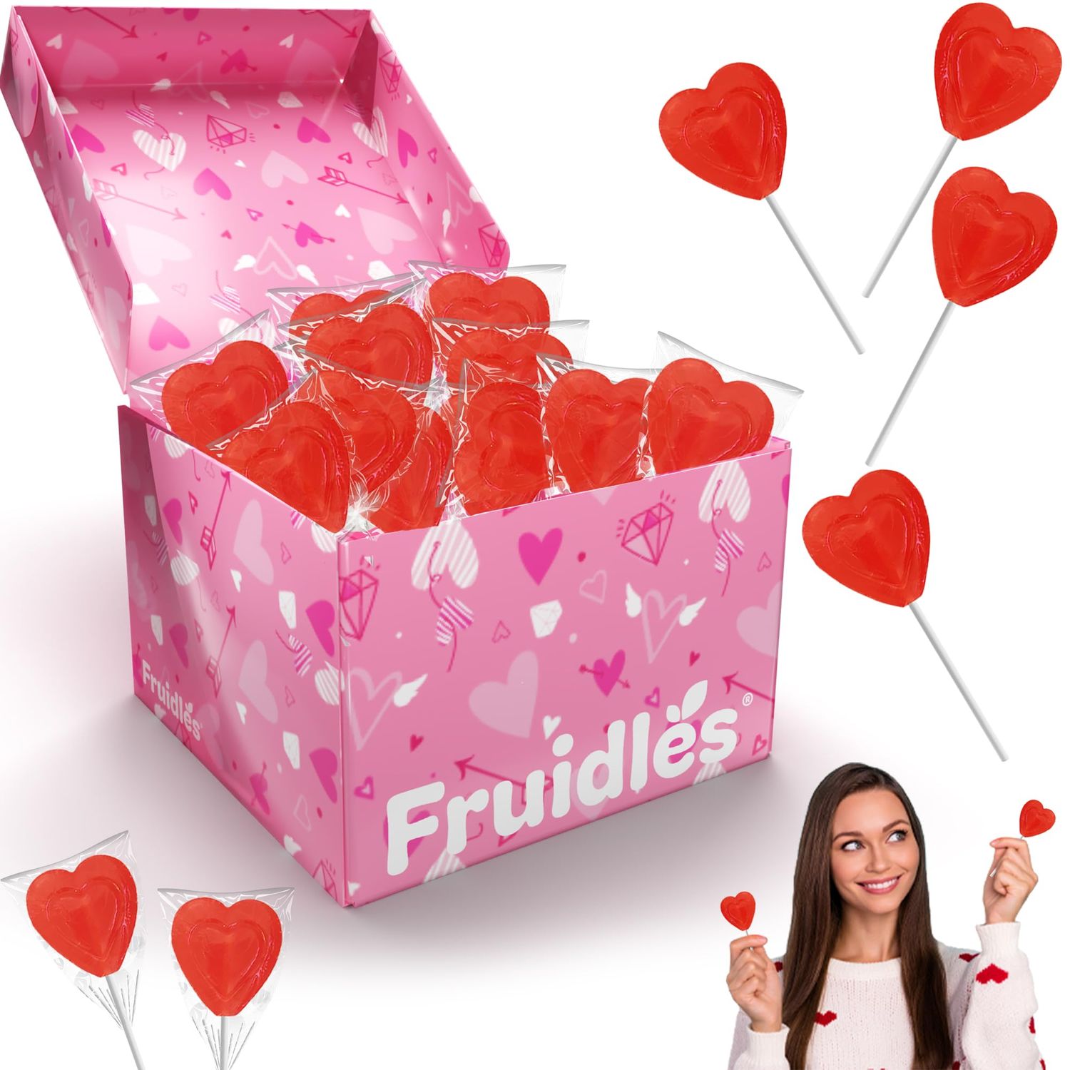 The Dreidel Company Valentines Day Lollipops Red Double Heart Shaped Cherry Flavored, Kosher Parve, Individually Wrapped 24-Pack