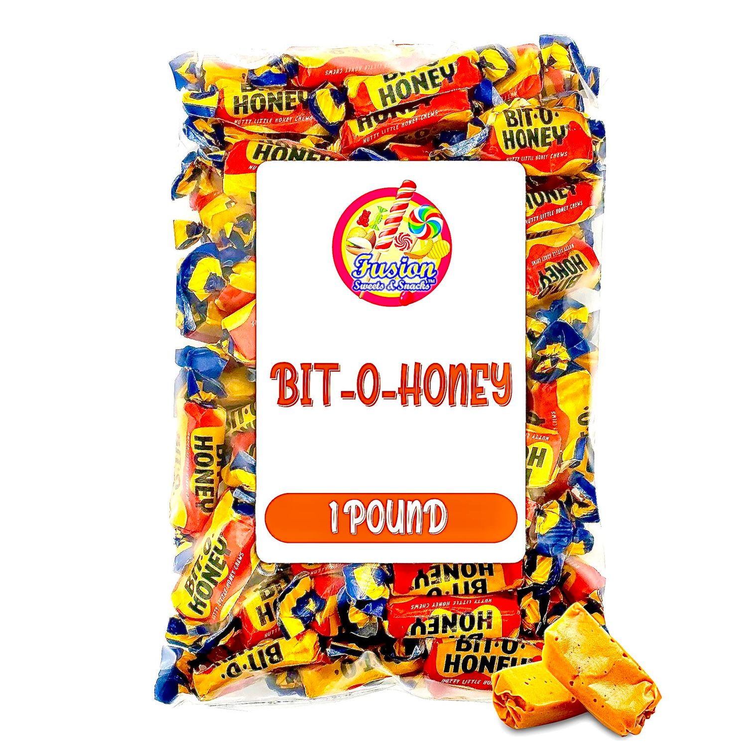 Bit-O-Honey Candy - 1 LB Bulk Bag - Individually Wrapped Retro Candy - Real Honey And Almond Taffy (Approx 65 Pieces)