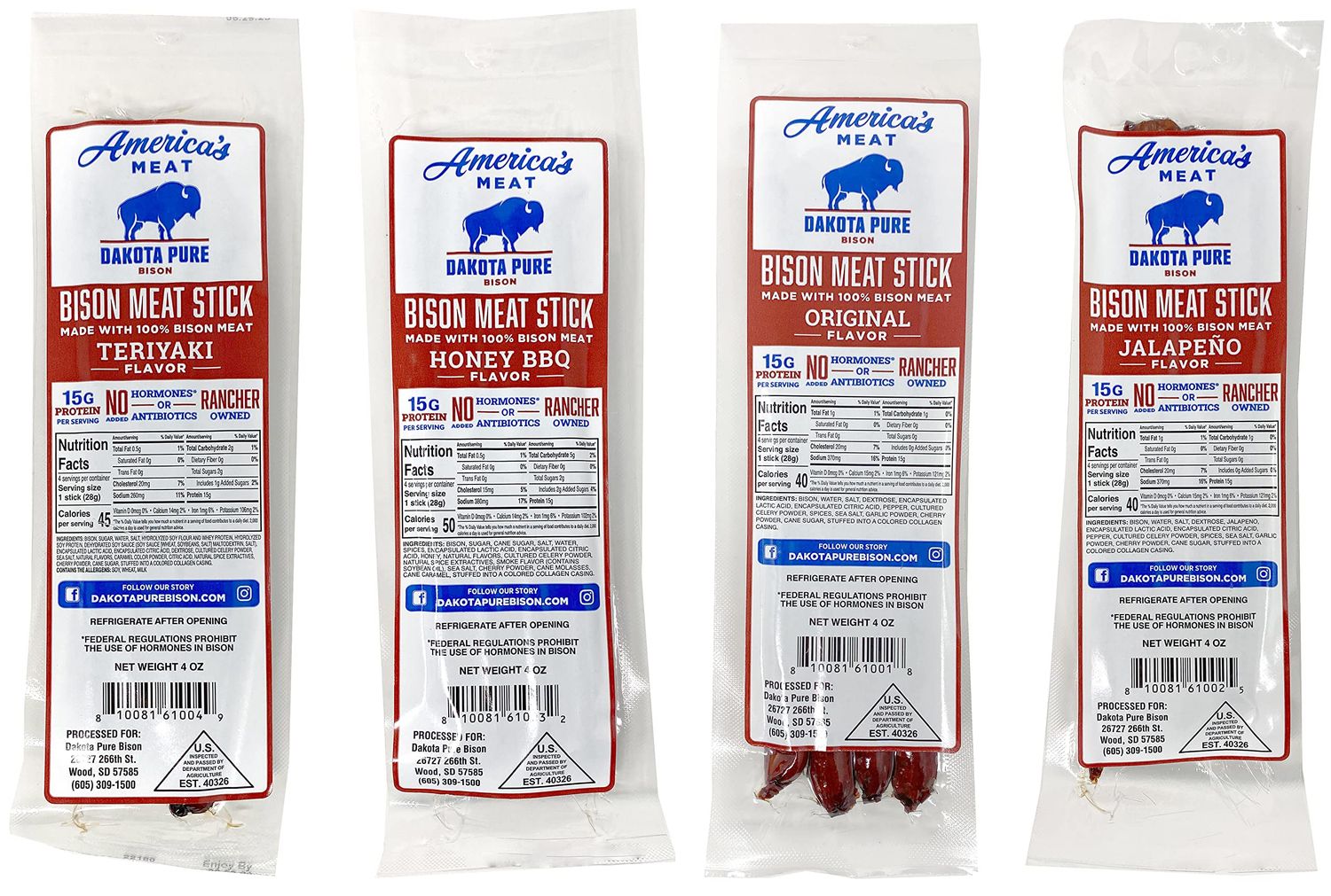 Dakota Pure Bison Meat Stick Bison Jerky Sticks, 100% Bison, USA Bison Raised, High Protein Meat Sticks, Low Carb Snacks, Keto Friendly, Sugar Free Snacks (Variety, 4 Pack)