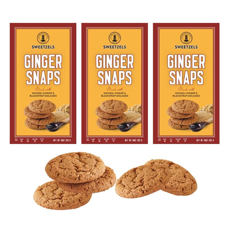 Sweetzels Ginger Snaps Cookies, made with Natural Ginger and Blackstrap Molasses, 10 oz Pack of 3