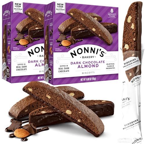 Nonni&#39;s Dark Chocolate Almond Biscotti Italian Cookies - 2 Boxes Dark Chocolate Cookies - Biscotti Individually Wrapped Cookies - Italian Biscotti Cookies wBittersweet Chocolate &amp; Almonds - 6.88 oz