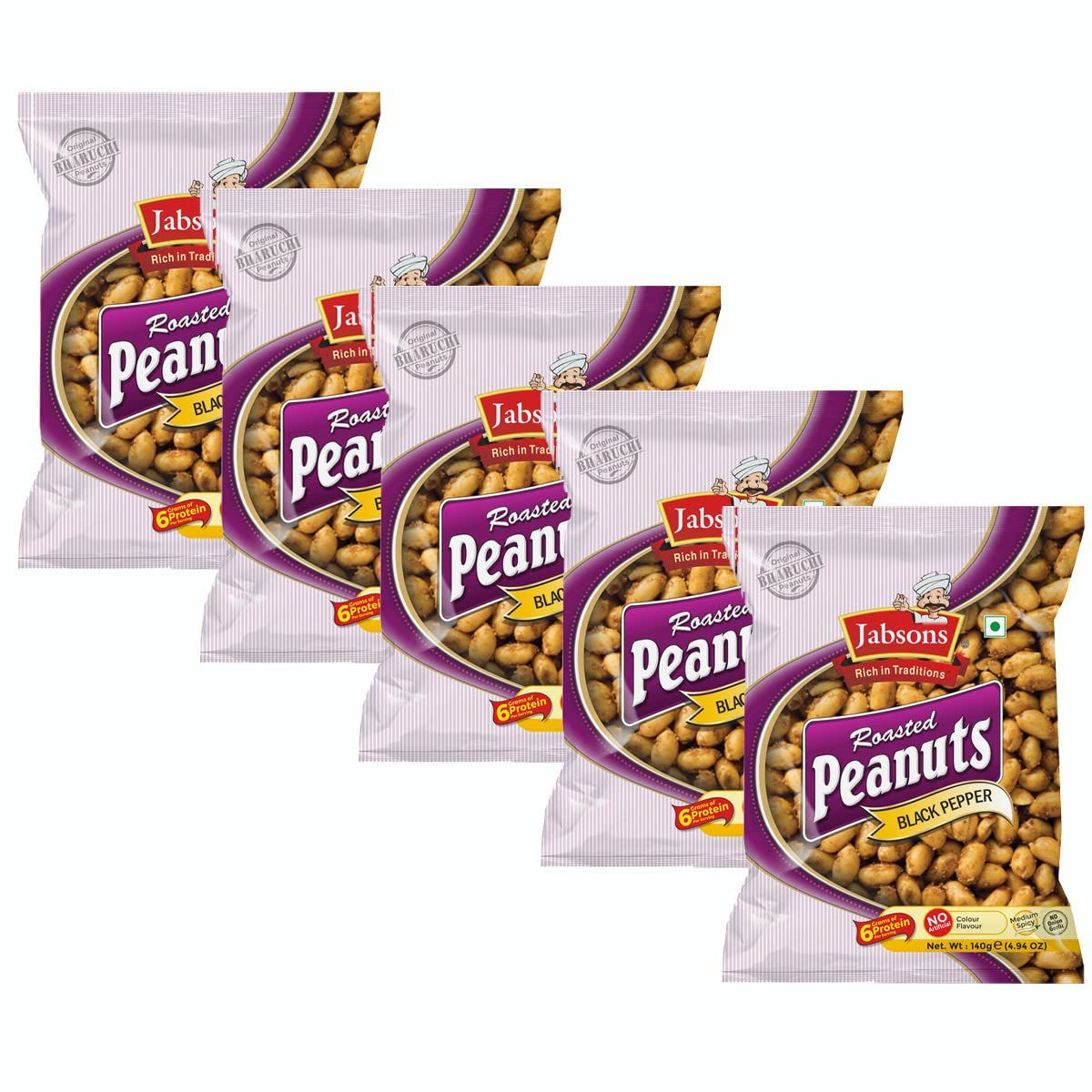 Jabsons - Black Pepper Roasted Peanuts, 140 G (Pack of 5)