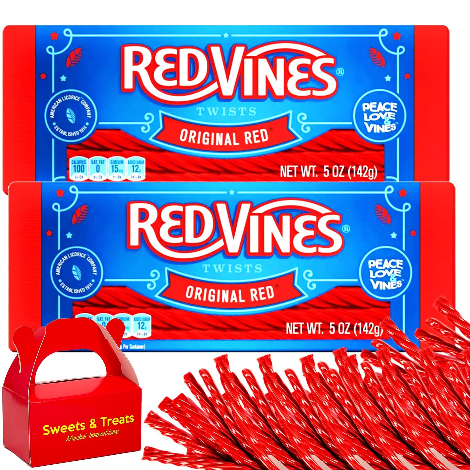 Red Vine Twists Licorice Candy | Original Red Soft &amp; Chewy - Fruit Flavored | For Party Snack Birthday Gift Holiday Travel Camp Office Reception | 2 Trays Boxes Plus Muchai Box (2 Trays Boxes)