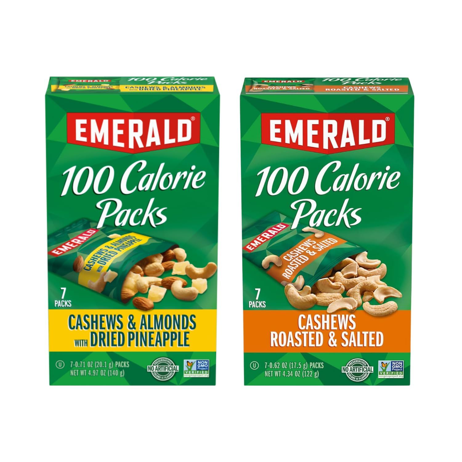 Emerald Nuts Combo (Variety Pack) Featuring Cashew, Almond and Dried Pineapple &amp; Cashews | Contains 14 Single Serving 100-Calorie Snack Packs| Kosher Certified, Non-GMO, Contains No Synthetic Colors