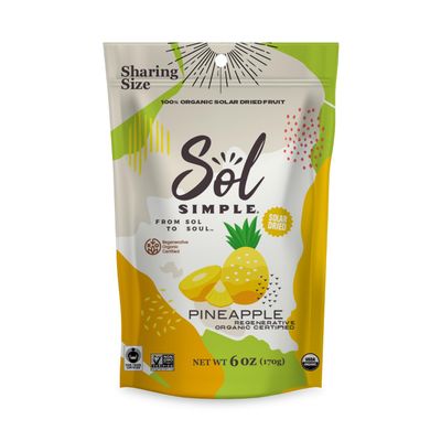 Sol Simple Solar Dried Pineapple Snack, Gluten &amp; Preservative Free, No Sugar Added, USDA Organic, Non-GMO, Vegan &amp; Kosher, Ethical Trade From Nicaraguan Smallholder Farmers, 6oz, Pack of 1