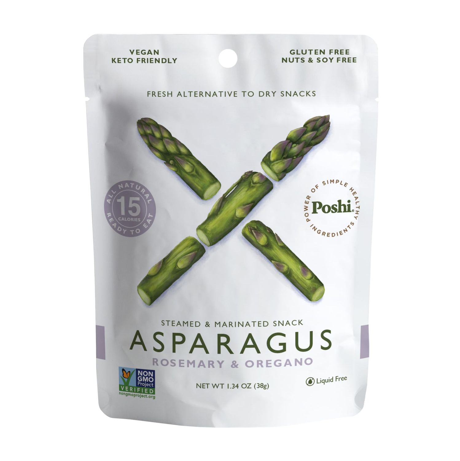POSHI Marinated Asparagus Cuts Snack Pack | Rosemary  Oregano | Keto, Vegan, Paleo, Non GMO, Low Carb  Calorie, Gluten Free, Fully Cooked Vegetables, Gourmet, Healthy, All Natural (10 Pack, 1.34 oz)