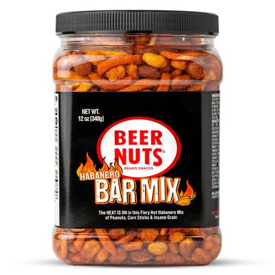 Beer Nuts Habanero Bar Mix, Fiery Hot Habanero Mix Of Peanuts, Corn Sticks &amp; Insane Grain, Spicy Bar Mix for Any Party, Resealable Jar (12oz, Habenero)