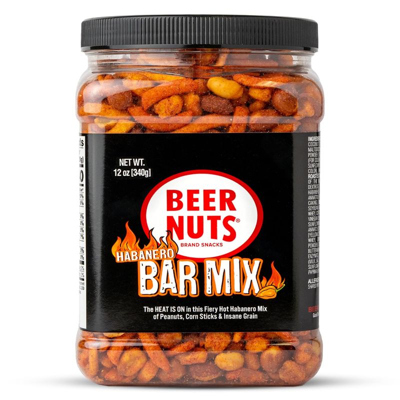 Beer Nuts Habanero Bar Mix, Fiery Hot Habanero Mix Of Peanuts, Corn Sticks &amp; Insane Grain, Spicy Bar Mix for Any Party, Resealable Jar (12oz, Habenero)