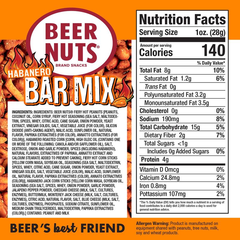 Beer Nuts Habanero Bar Mix, Fiery Hot Habanero Mix Of Peanuts, Corn Sticks &amp; Insane Grain, Spicy Bar Mix for Any Party, Resealable Jar (12oz, Habenero)