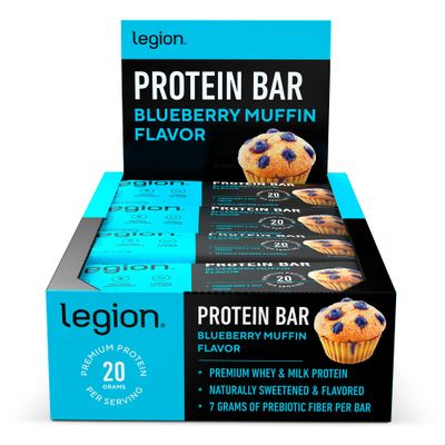 Legion Protein Bar Blueberry Muffin - 100% Whey Protein, Soy Free Protein Bars with Prebiotic Fiber - Low Fat Healthy Protein Bar - Gluten Free, Naturally Flavored, Low Sugar Protein Bars (12 Count)