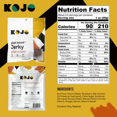 Kojo Ginger Teriyaki Plant-Based Jerky - (2.4 oz) - Bold, Gingery Flavor - 9g Protein, 3g Fiber, 90 Calories - High Protein, No Cholesterol