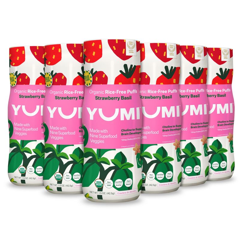 YUMI Organic Rice-Free Puffs, No Sugar Added, Gluten-Free, Non-GMO Baby Snack Puffs, School Safe for Daycare and Lunchboxes (Strawberry Basil)