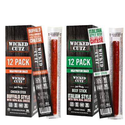 Meat &amp; Cheese Stick Variety Pack | Buffalo Chicken &amp; Pepper Jack Cheese  Italian Beef and Cheese Sticks with 12g Protein Per Meat Stick, High Protein, Low Carb, Healthy Snacks for Adults (24 Sticks)