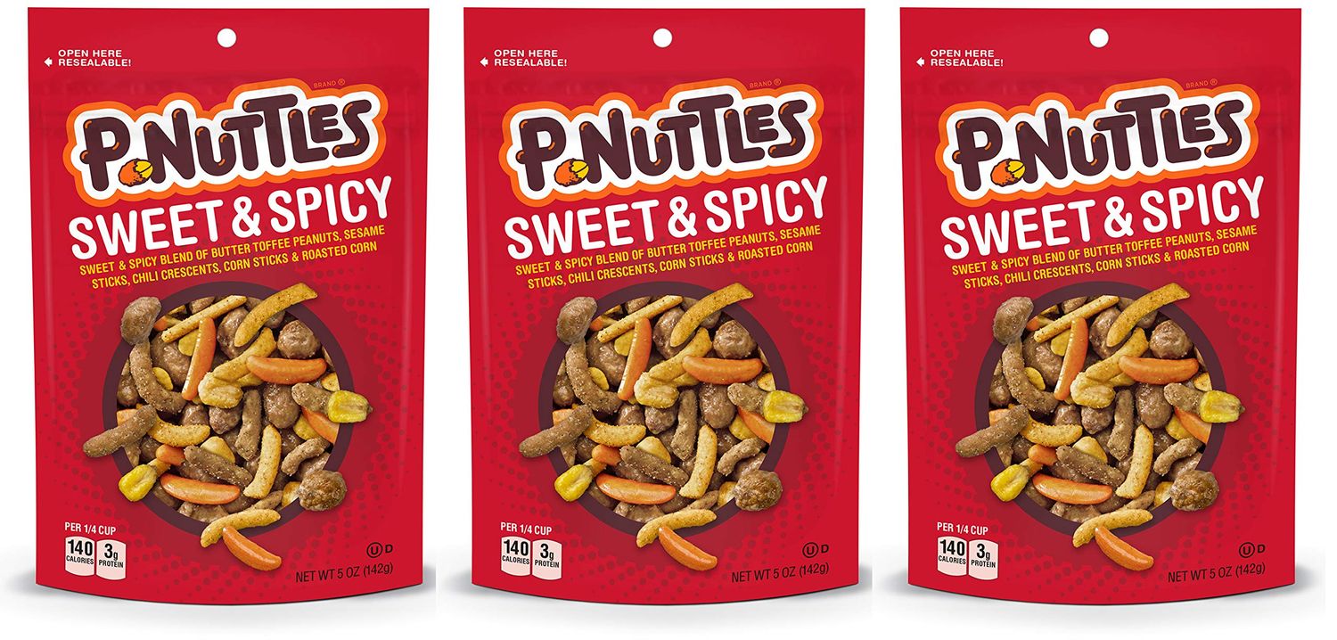 P-Nuttles Sweet &amp; Spicy Butter Toffee Peanuts - Resealable Snacking Bags of Sweet and Spicy Snack Mix, Made in the USA, Kosher Sweet and Spicy Trail Mix 5 Ounce (Pack of 3)