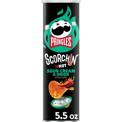 Pringles Scorchin&#39; Potato Crisps Chips, Sour Cream and Onion, Fiery Spicy Snacks, 5.5oz Can