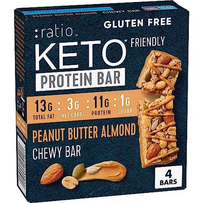 Ratio Chewy Protein Bar, Peanut Butter Almond, 11g Protein, Keto Friendly, 5.64 oz (4 Bars)