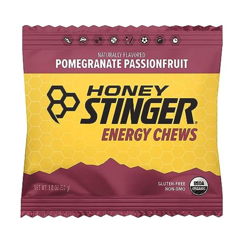 Honey Stinger Organic Pomegranate Passionfruit Energy Chew | Gluten Free &amp; Caffeine Free | for Exercise, Running and Performance | Sports Nutrition for Home &amp; Gym, Pre and Mid Workout | 12 Pack