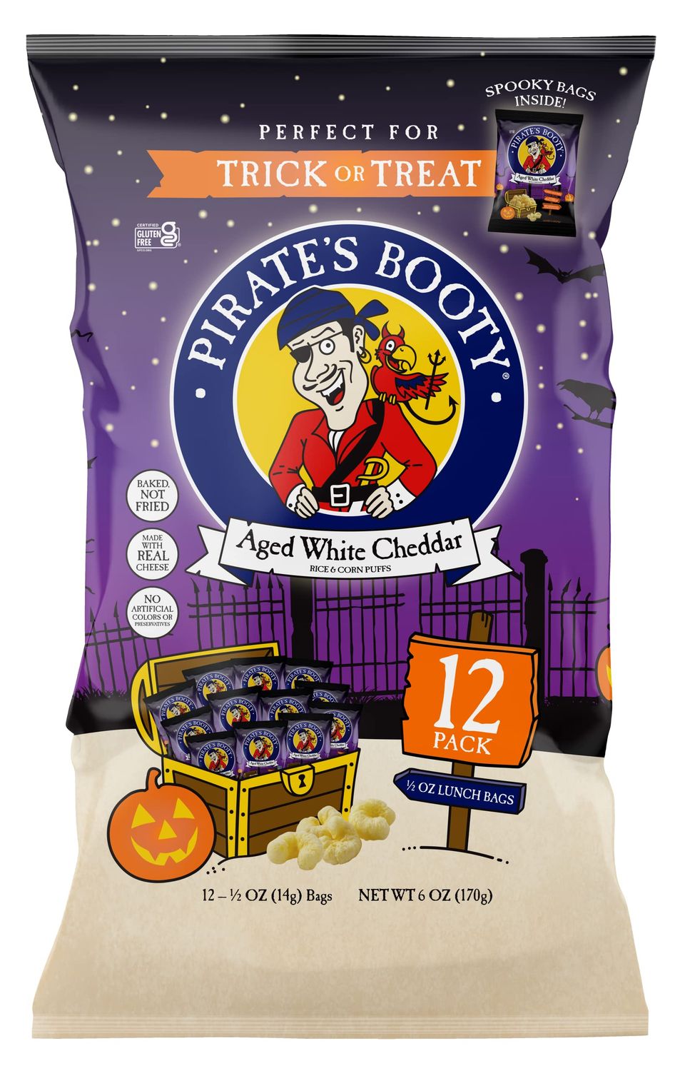 Pirate&#39;s Booty Trick or Treating Aged White Cheddar Cheese Puffs, Gluten Free, Healthy Kids Snacks, 0.5 Ounce individual Snack Bags (Pack of 12)