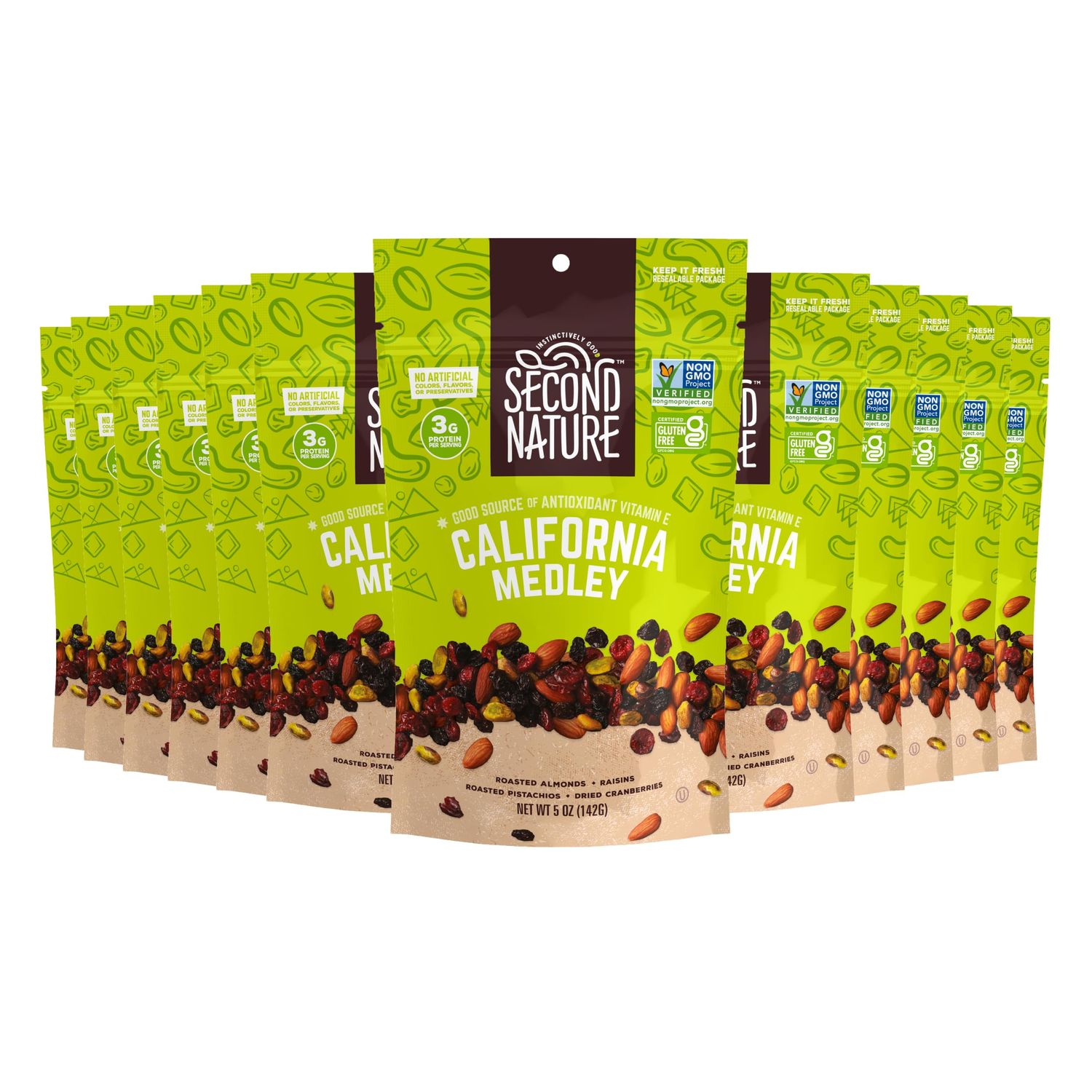 Second Nature California Medley Trail Mix - 5 oz Resealable Snack Pouches (Pack of 12) - Certified Gluten-Free Snack, Nut Trail Mix to Satisfy Hunger